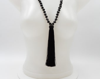 Black Crystal Tassel Necklace, Long Necklace, Crystal Beads, Crystal Spacers, Black Tassel, Sterling Silver Toggle Clasp