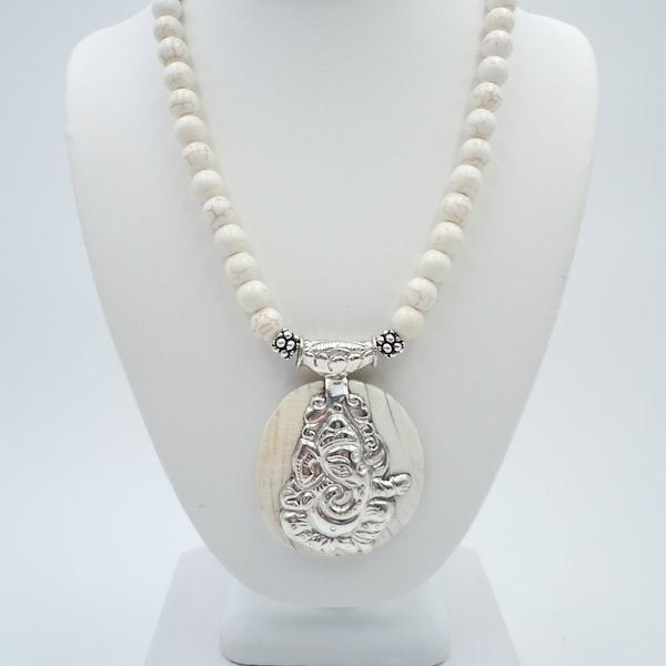 Tibetan Naga Shell Elephant Buddha Pendant Necklace, Boho Necklace, Naga Shell, Magnesite Beads, Sterling Hook Clasp, 19 Inches