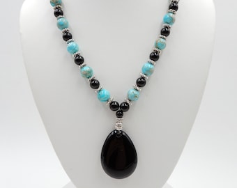 Black Onyx and Blue Imperial Jasper Pendant Necklace, Lobster Claw Clasp, 18 Inches In Length