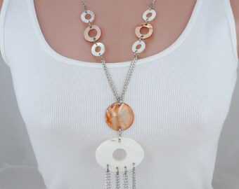 Vintage Mother of Pearl Shell Necklace: 1970s Silver Tone Chain, 36 Inch