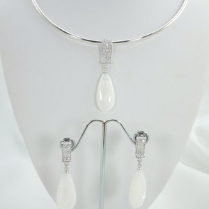Mother of Pearl Teardrop Necklace and Earring Set: Sterling Silver CZ Bridal Jewelry