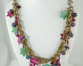 Vintage Charm Necklace, Chain Necklace, Metal Charm Necklace, Painted charms, Boho Necklace, 1970's, Hook Clasp