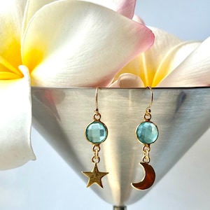 Blue Topaz Gemstone Star Moon Earrings - Round Faceted Blue Topaz Gemstone Earrings - Celestial Jewelry - 14K Gold Filled Wire Earrings