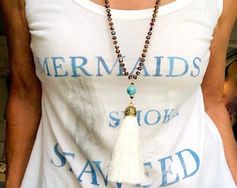 Tassel Necklace Tibetan Agate, Crystals and Turquoise - Turquoise necklace - Tibetan Agate Mala Necklace - Made in Maui