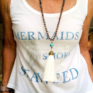 Tassel Necklace designed with Tibetan Agate, Crystals and Turquoise - Silk Tassel - Mala necklace - Made in Maui -
