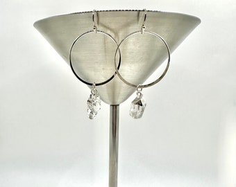 Herkimer Diamond 30mm Sterling Silver Hoop Earrings - Quartz Crystal Gemstone Earrings - Sterling Silver Gemstone Earrings - Silver Bijou