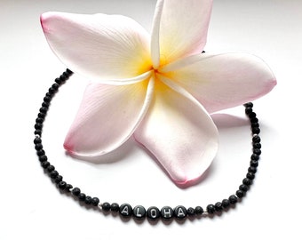 Aloha Necklace - Black Lava Beaded Necklace - Hawaii Necklace - Sterling Silver Accents - Maui Beach jewelry - Give to someone 'with love'