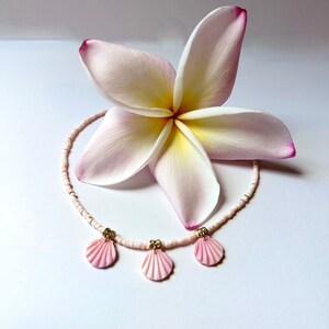Puede incluir: Una delicada flor blanca y rosa con un collar de conchas rosa con tres colgantes de conchas rosas.