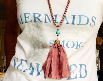 Sari Silk Tassel Necklace - Rosewood Beads & Turquoise Gemstone necklace - Mala Necklace - Boho Jewelry - Made in Maui