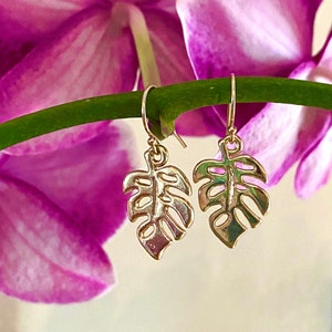 Gold Monstera Leaf Earrings - Monstera Leaf Earrings with 14k Gold Filled Wires - Tropical Earrings - Island Jewelry