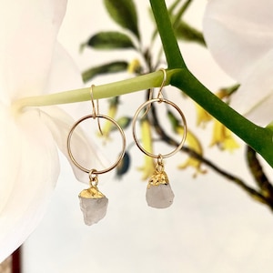 Rainbow Moonstone 18mm Hoop Earrings - 14k Gold Filled Hoop Gemstone Earrings - Uncut Moonstone Gemstone Earrings