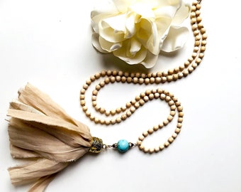 Sari Silk Tassel Necklace - Natural Wood Beads & Turquoise Gemstone necklace - Mala Necklace - Boho Jewelry - Made in Maui