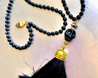 Skull Tassel Necklace - Black Skull Pendant Mala Necklace - Herkimer Diamond Gemstone Necklace - Made in Maui