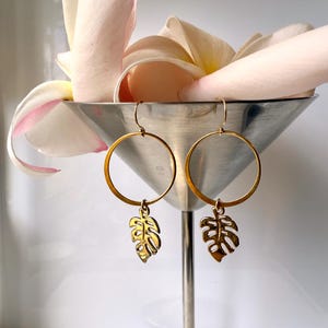 Gold Monstera Leaf 25mm Hoop Earrings - Gold Hoop Leaf Earrings - Made in Maui - Tropical Island Earrings