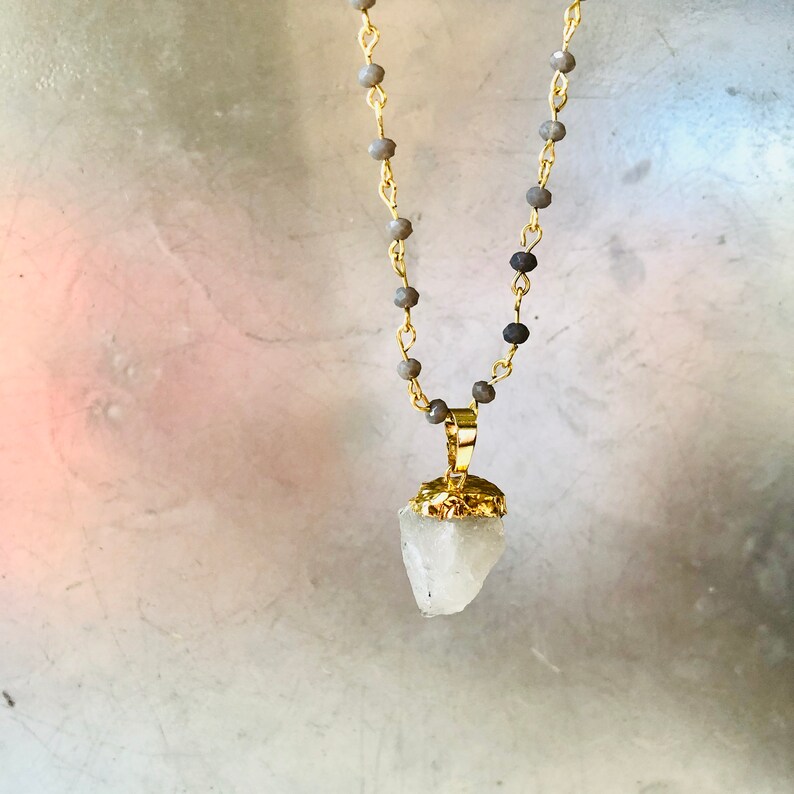 Moonstone /& Gray Opal Crystal Necklace Uncut Moonstone Bijou Natural Druzy Pendant Opal Czech Faceted Rondelle Crystal Necklace
