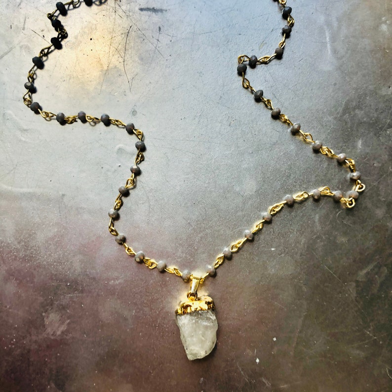 Moonstone /& Gray Opal Crystal Necklace Uncut Moonstone Bijou Natural Druzy Pendant Opal Czech Faceted Rondelle Crystal Necklace
