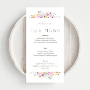 Menú de flores de primavera VII/Tarjeta de menú de cena botánica de boda pastel minimalista/Plantilla de descarga digital colorida