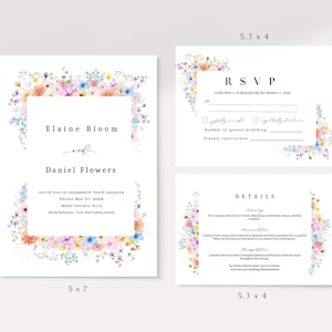 Spring Flowers Wedding Invitation Suite Template/Wildflower/Minimalist Pastel Botanical Boho florals/Digital Download Template