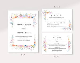 May include: A floral wedding invitation suite with a white background and colorful watercolor flowers. The invitation includes the names "Elaine Bloom" and "Daniel Flowers", the wedding date, and the location. The RSVP card includes a section for guests to indicate their attendance and dietary restrictions. The details card includes information about the ceremony, reception, and transportation.