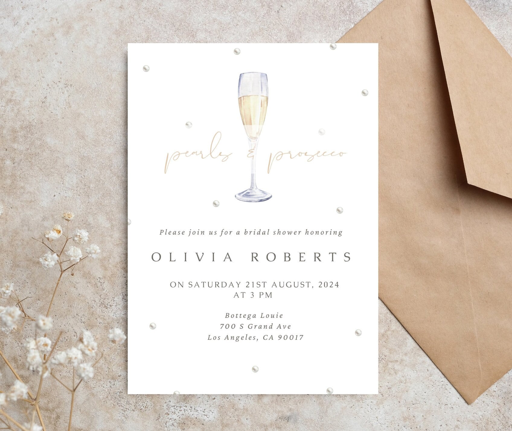 Pearls & Prosecco Bridal Shower Invite/Simple minimalistic digital download template