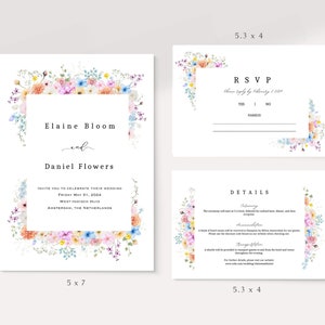 Spring Flowers Wedding Invitation Suite Template/Wildflower/Minimalist Pastel Botanical florals/Digital Download Template