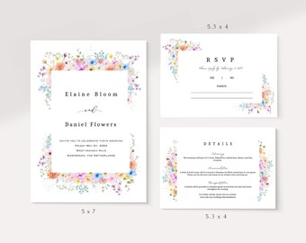 Spring Flowers Wedding Invitation Suite Template/Wildflower/Minimalist Pastel Botanical florals/Digital Download Template