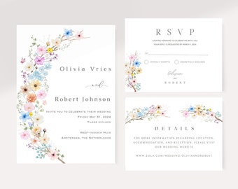 Spring Summer Floral Wedding Suite/Pastel Florals Wedding invitation, RSVP, and Details Card Suite/Digital Download Template