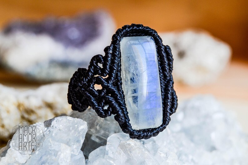 Rainbow Moonstone Macrame ring.Statement ring. Macrame ring. Boho Chic. Gipsy Bracelet.Sexy.Wedding Gift.Woman.Healing Crystals