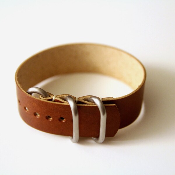 20mm or 22mm Leather Zulu (nato) Watch Strap - Saddle Tan Brown, Handmade - 3 Ring