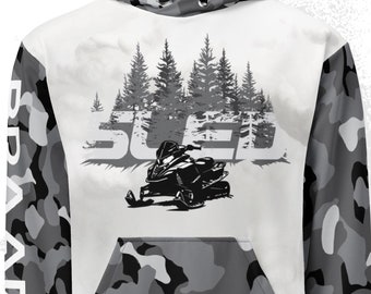Snowmobile Sled Camo Hoodie, Winter Sports Recycled Polyester Blend