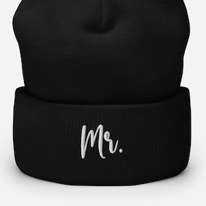 Mr. Embroidered Cuffed Beanie, Gift for him, Groom Wedding hat, Cold weather wedding head gear.