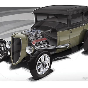 Hot Rod Car Illustration, Poster Size 18&quot;x12&quot;, Great unique gift idea for a man cave, garage, shop, office or kids room.
