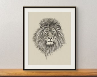 May include: A black and white drawing of a lion's head with a full mane. The lion is looking directly at the viewer with a serious expression. The drawing is framed in a black frame and is hanging on a wall.