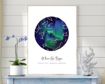 Custom Watercolour Star Map with Northern Lights, Aurora Borealis Personalized Gift