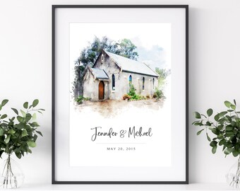 Personalized Wedding Venue Watercolor Print, Anniversary Gift