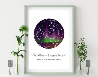 Custom Watercolour Star Map with Northern Lights, Aurora Borealis Personalized Gift