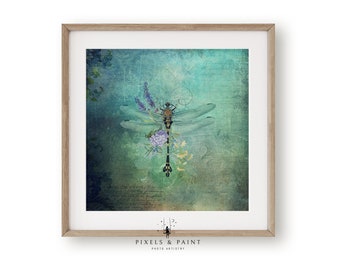 Dragonfly Wall Art, Vintage Dragonfly Mixed Media Art, Whimsical Teal Wall Decor, Floral Nature Artwork, Casual Vintage Decor
