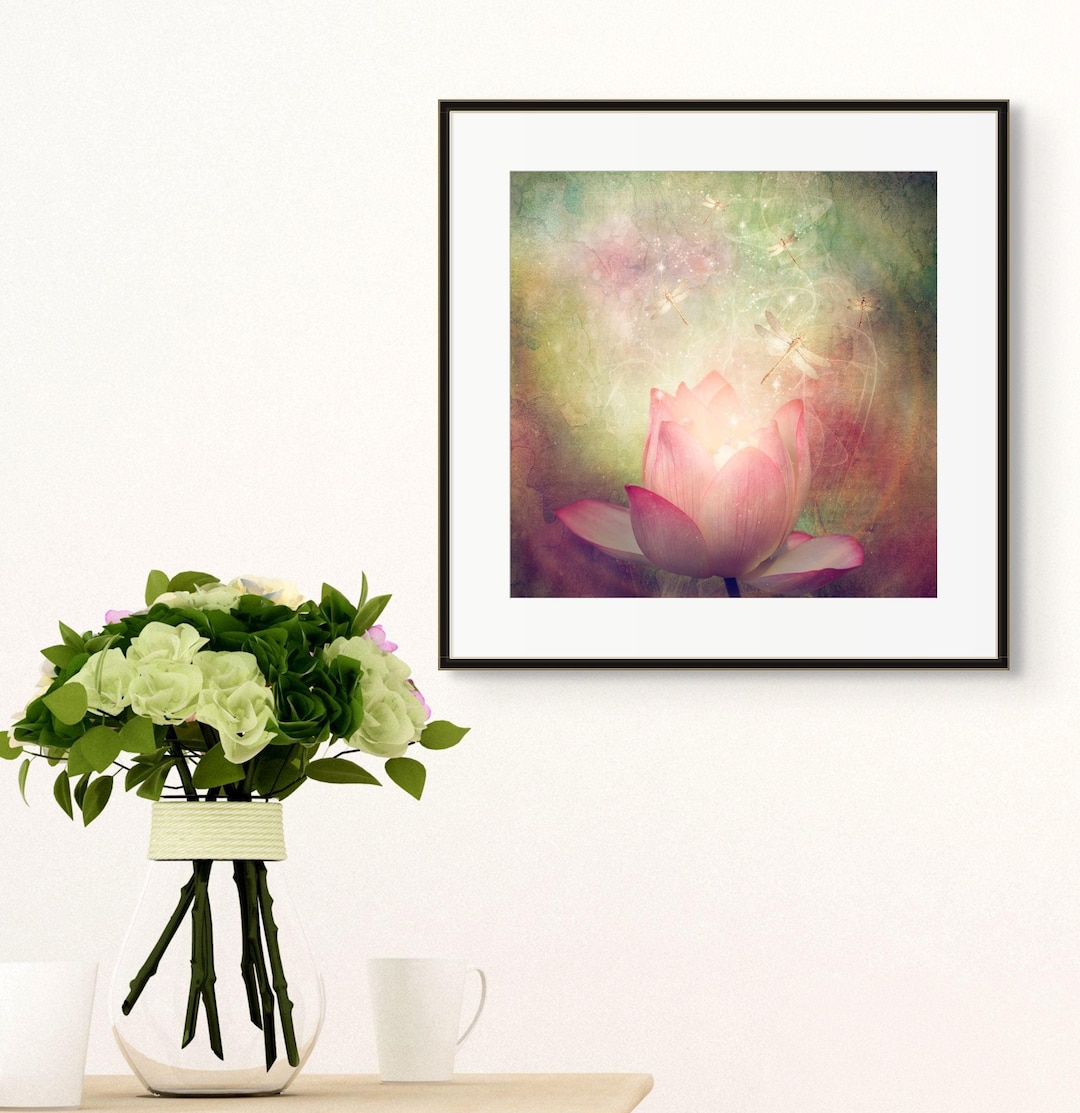 Dragonfly and Lotus Flower Wall Art Print, Whimsical Home Decor, Floral ...