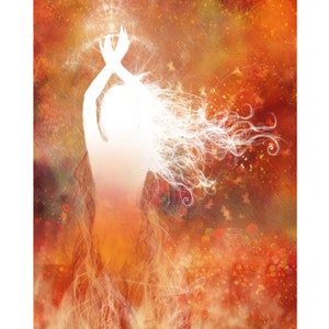 art print featuring illustration of a woman rising from flames