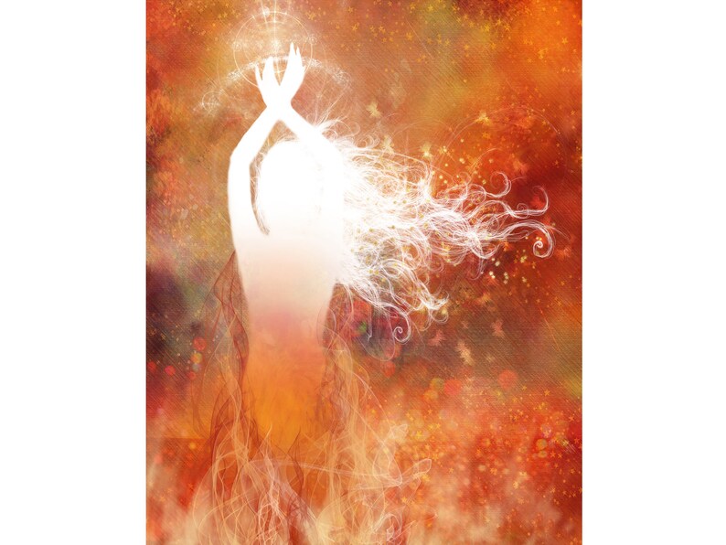 art print featuring illustration of a woman rising from flames