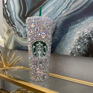 Custom made rhinestone tumbler. Cold cup. Glitter cup. Glitter Starbucks cup. Venti, large. Clear rhinestone. Iridescent