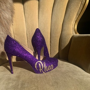 Custom made, personalized high heels. purple and gold high heels with name. Mrs, name, Monogram