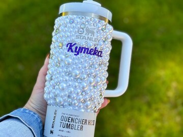 Custom personalized pearl and Rhinestone Stanley. Crystal insulated Stanley cup. Personalized Stanley. Quencher. Name. White Stanley. Frost.