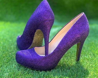 Zapatos de tacón alto personalizados color púrpura real con purpurina: Zapatos de fiesta con suela dorada