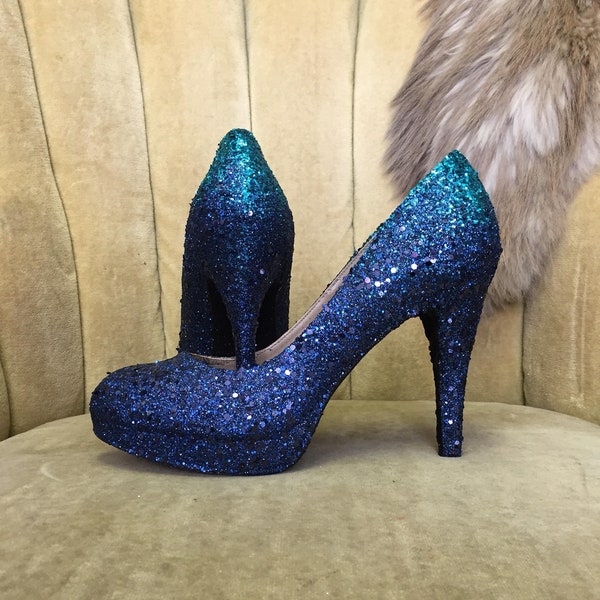 Custom made, Glitter high heels. Ombre teal and dark navy blue.  Bridal shoes. Sizes 5.5-11. Closed toe.