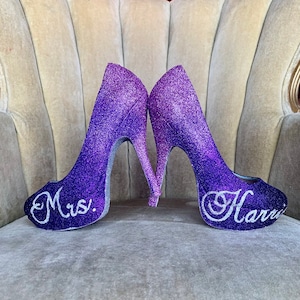 Personalized high heels. Glitter high heels. mrs, wifey, wife, bride, wedding date. last name.