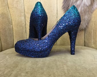 Glitter high heels. Ombre teal and dark navy blue. Bridal | Etsy