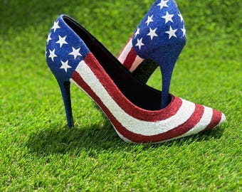 Custom, American flag high heels. Glitter covered Red, white and blue star pumps.