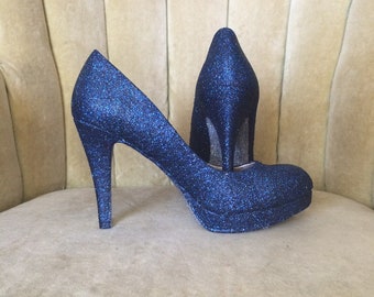 Navy blue glitter high heels. Custom made to order.