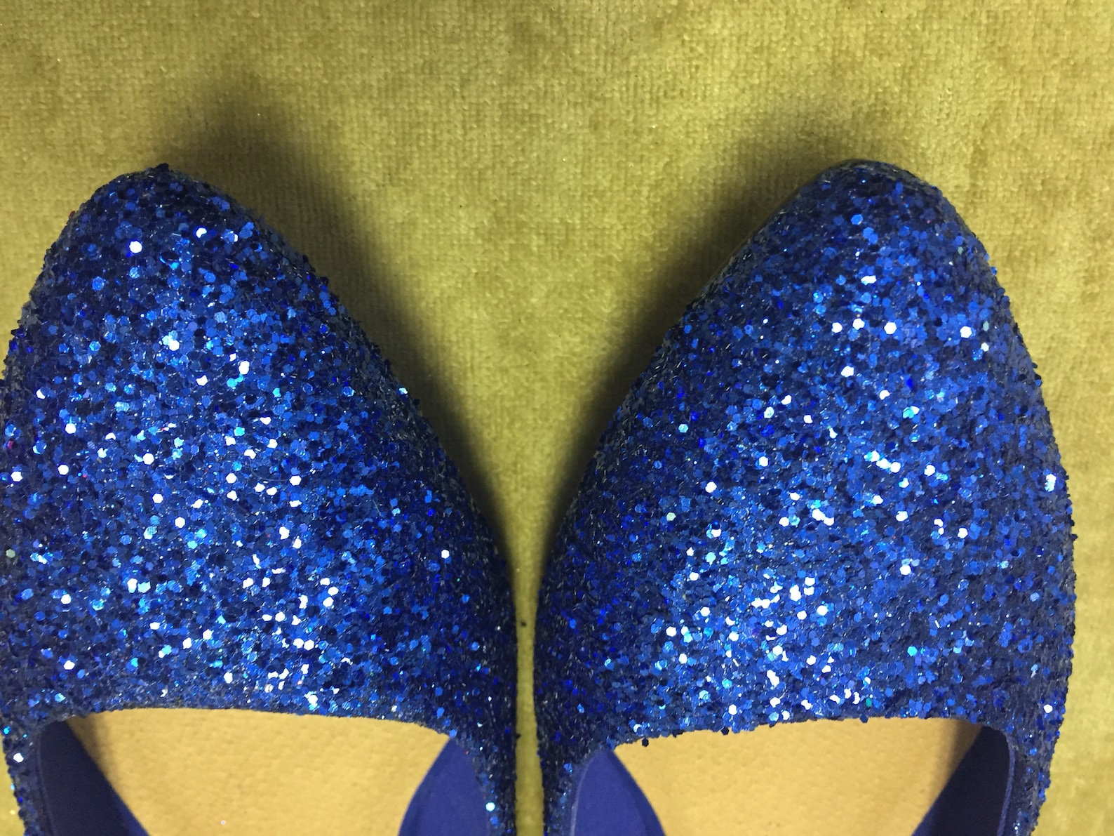 women's custom made to order blue glitter ballet flats. pointed toe ballet flats. glitter flats. slip on shoes